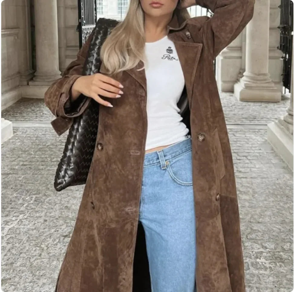 Women's Double-Breasted Polo Collar Trench Coat for Fall & Winter